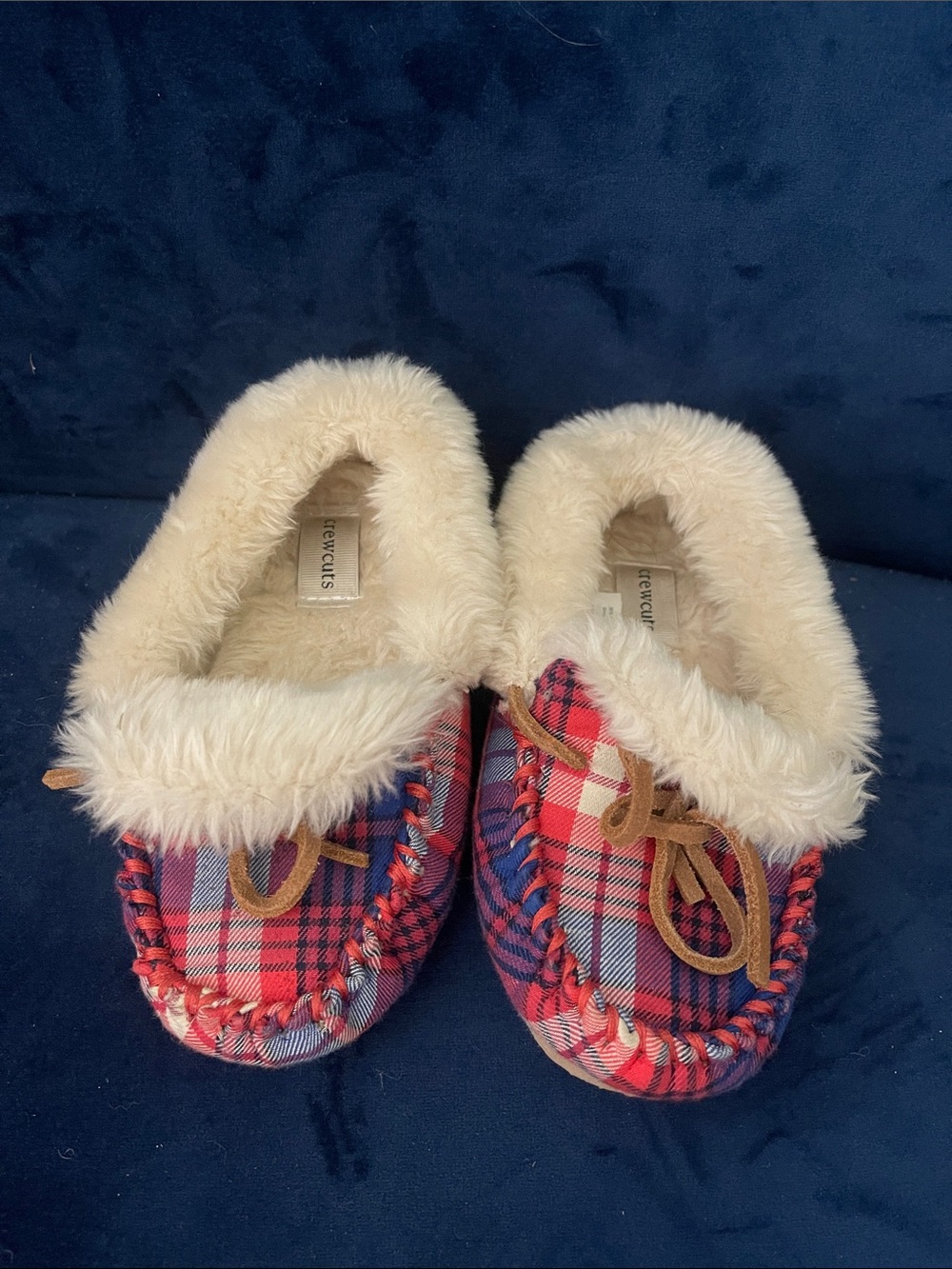 Crewcuts Fleece-Lined Kids Plaid Moccasin Slippers - Cream Trim